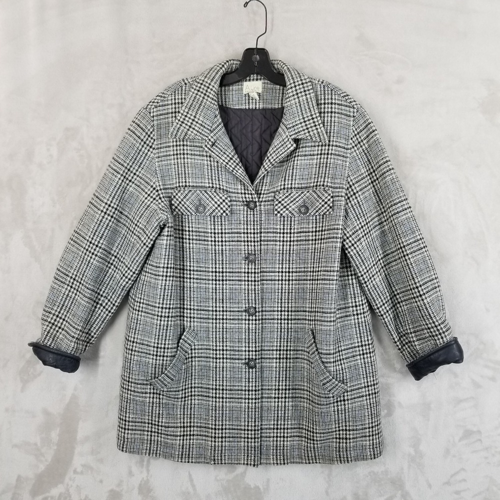 Vtg Jacket Women M Black Plaid 100% Wool Leather Trim Chore Barn Outdoor Quilted